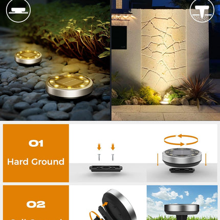 btfarm Luces Solares Suelo Exterior Pack 8 – 8 LEDs Blanco Cálido, IP65, Auto ON/OFF, Discos Solares para Jardín, Camino, Césped y Patio