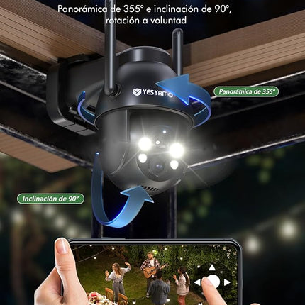Cámara Solar WiFi Exterior 2K QHD PTZ 355°/90° – Visión Nocturna a Color 15m, PIR + IA, Sirena, Audio 2 Vías, IP66, microSD 128GB (2,4 GHz)