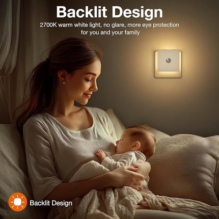 Feliigo Luz Nocturna con Sensor de Movimiento (Pack 2) – Enchufe Regulable 5 Niveles, 3 Modos AUTO/ON/OFF, Luz Ámbar 1800K para Pasillo, Baño y Escaleras