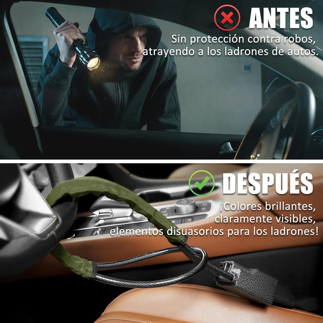 Tevlaphee Barra Antirrobo Volante + Cinturón (Verde) – Cabezal Metálico, Alta Visibilidad, Heavy Duty, Ajuste Universal, 3 Llaves