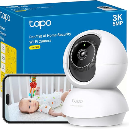 Tapo C230 Cámara WiFi Interior 360° 3K 5MP – IA (Persona/Mascota/Vehículo/Llanto), Visión Nocturna 12 m, Alarma Luz/Sonido, Audio 2 Vías, microSD 512 GB, Alexa/Google