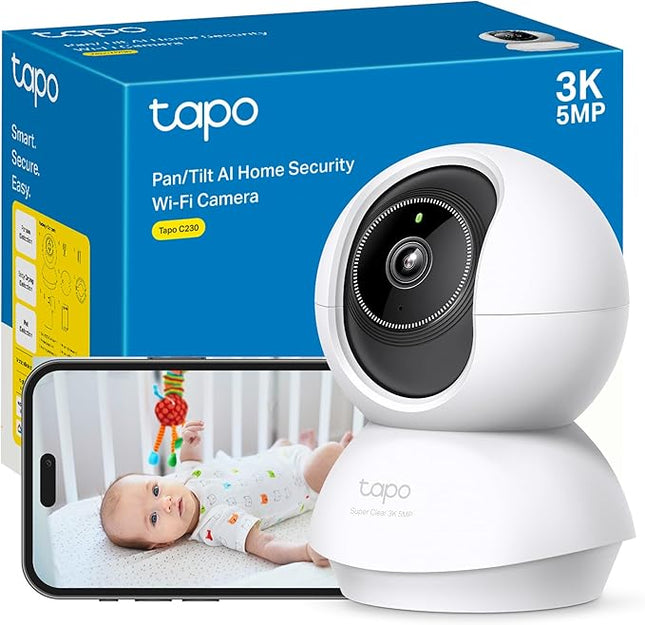 Tapo C230 Cámara WiFi Interior 360° 3K 5MP – IA (Persona/Mascota/Vehículo/Llanto), Visión Nocturna 12 m, Alarma Luz/Sonido, Audio 2 Vías, microSD 512 GB, Alexa/Google