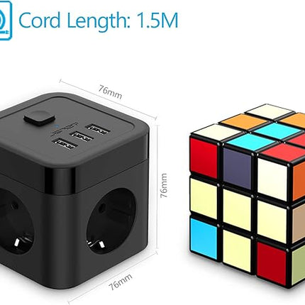 JSVER Regleta Cubo 6-en-1 – 3 Enchufes + 3 USB (5V/3,1A), 3680W/16A, Protección Sobretensiones 350J, Cable 1,5 m (Negro)