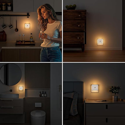 Feliigo Luz Nocturna con Sensor de Movimiento (Pack 2) – Enchufe Regulable 5 Niveles, 3 Modos AUTO/ON/OFF, Luz Ámbar 1800K para Pasillo, Baño y Escaleras