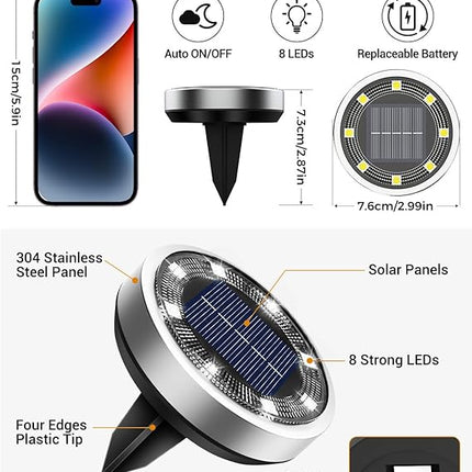 btfarm Luces Solares Suelo Exterior Pack 8 – 8 LEDs Blanco Cálido, IP65, Auto ON/OFF, Discos Solares para Jardín, Camino, Césped y Patio