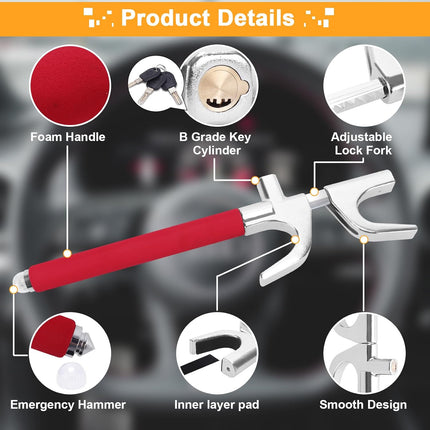 Turnart Barra Antirrobo Volante Retráctil de Acero Inoxidable (Roja) – Candado Antirrobo Coche con 3 Llaves, Alta Visibilidad, Protección del Volante