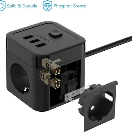 JSVER Regleta Cubo 6-en-1 – 3 Enchufes + 3 USB (5V/3,1A), 3680W/16A, Protección Sobretensiones 350J, Cable 1,5 m (Negro)