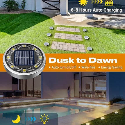 btfarm Luces Solares Suelo Exterior Pack 8 – 8 LEDs Blanco Cálido, IP65, Auto ON/OFF, Discos Solares para Jardín, Camino, Césped y Patio