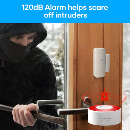 AGSHOME Kit Alarma Casa WiFi – Sirena 120 dB, Batería 8 h, 5 Sensores Puerta/Ventana + 2 Mandos, App y Alexa, Sistema Ampliable (20 Sensores)