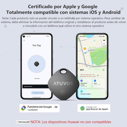 ATUVOS Air Tag Pro (AT2501) – Smart Tag para Android & iOS Compatible con Apple Buscar y Google Find Hub, Bluetooth 60 m, CR2032 Reemplazable