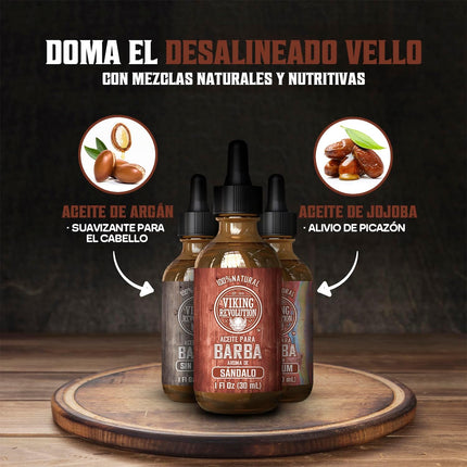 Viking Revolution Beard Oil Pack 3×30 ml 🧔‍♂️🧴 Argán + Jojoba 🌿 | Suaviza y Domina 💧✨ | 3 Aromas: Bay Rum 🍹 + Sin Perfume 🚫🌸 + Sándalo 🌲 | Con Gotero 🧪