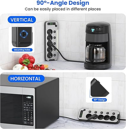 Regleta de Esquina Metal USB-C Negra – 5 Tomas con Interruptor, Luz Nocturna y Protección contra Sobretensiones (Cable 2 m)