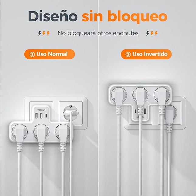 TESSAN Enchufe Ladrón Plano 6 en 1 con USB C – 3 Tomas Schuko + 2 USB-A, 3600W, Adaptador Múltiple Compacto