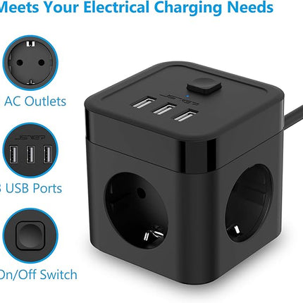 JSVER Regleta Cubo 6-en-1 – 3 Enchufes + 3 USB (5V/3,1A), 3680W/16A, Protección Sobretensiones 350J, Cable 1,5 m (Negro)