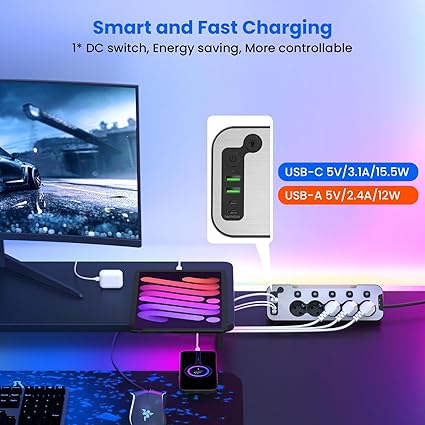 Regleta de Esquina Metal USB-C Negra – 5 Tomas con Interruptor, Luz Nocturna y Protección contra Sobretensiones (Cable 2 m)