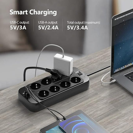 JSVER Regleta 12-en-1 con USB – 8 Enchufes + 3 USB-A + 1 USB-C (5V/3,4A), Protección Sobretensiones 1050 J, 16 A, Cable 1,8 m (Negra)