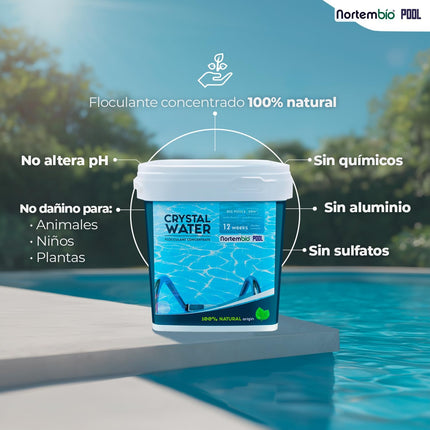Nortembio Floculante Natural Concentrado 12 Semanas – Clarificante Antiturbidez para Piscinas Grandes y SPA, Granulado, Cacito Dosificador