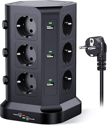 KOOSLA Regleta Torre 18-en-1 con Protección Sobretensiones (1500 J) – 12 Enchufes + 6 USB, 3 Interruptores, 4000 W/16 A, Cable 2 m