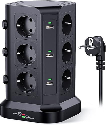 KOOSLA Regleta Torre 18-en-1 con Protección Sobretensiones (1500 J) – 12 Enchufes + 6 USB, 3 Interruptores, 4000 W/16 A, Cable 2 m