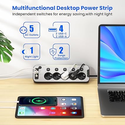 Regleta de Esquina Metal USB-C Negra – 5 Tomas con Interruptor, Luz Nocturna y Protección contra Sobretensiones (Cable 2 m)