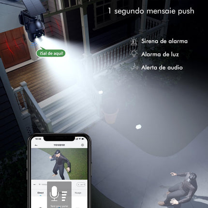 Cámara Solar WiFi Exterior 2K QHD PTZ 355°/90° – Visión Nocturna a Color 15m, PIR + IA, Sirena, Audio 2 Vías, IP66, microSD 128GB (2,4 GHz)