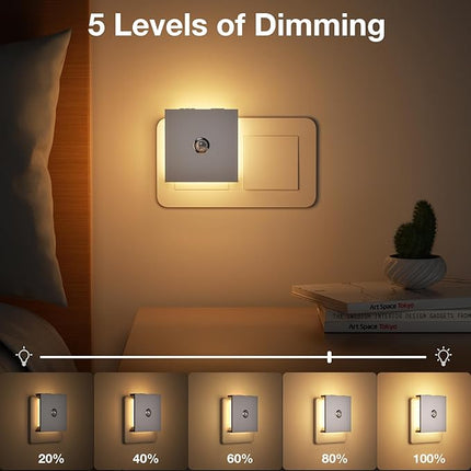 Feliigo Luz Nocturna con Sensor de Movimiento (Pack 2) – Enchufe Regulable 5 Niveles, 3 Modos AUTO/ON/OFF, Luz Ámbar 1800K para Pasillo, Baño y Escaleras