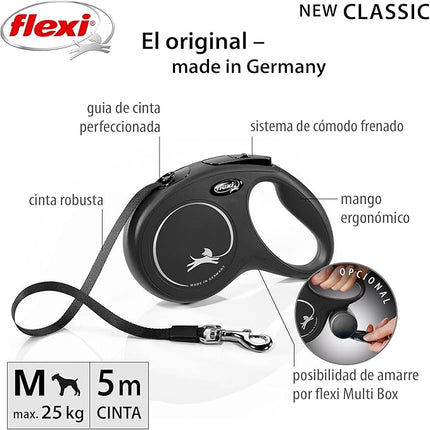 Flexi Classic M Tape 5 m Black – Correa Extensible para Perros Medianos hasta 25 kg, Cinta Resistente y Freno Seguro