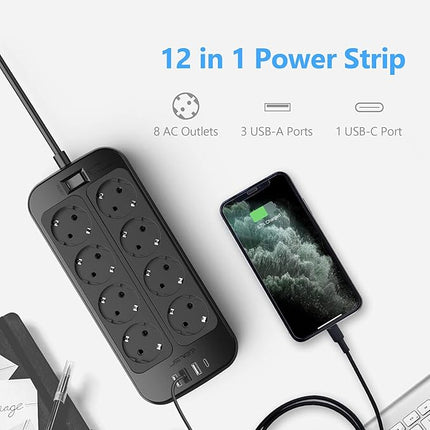 JSVER Regleta 12-en-1 con USB – 8 Enchufes + 3 USB-A + 1 USB-C (5V/3,4A), Protección Sobretensiones 1050 J, 16 A, Cable 1,8 m (Negra)
