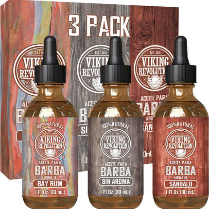 Viking Revolution Beard Oil Pack 3×30 ml 🧔‍♂️🧴 Argán + Jojoba 🌿 | Suaviza y Domina 💧✨ | 3 Aromas: Bay Rum 🍹 + Sin Perfume 🚫🌸 + Sándalo 🌲 | Con Gotero 🧪