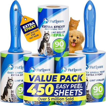PetLovers Rodillo Quitapelusas Adhesivo Extra Sticky – Pack 5 (450 Hojas) para Eliminar Pelo de Perros y Gatos en Ropa, Muebles y Alfombras