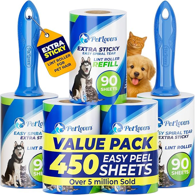 PetLovers Rodillo Quitapelusas Adhesivo Extra Sticky – Pack 5 (450 Hojas) para Eliminar Pelo de Perros y Gatos en Ropa, Muebles y Alfombras