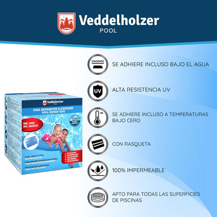 Veddelholzer Kit Reparación Piscina – Cinta Impermeable Transparente 10×150 cm, Uso Bajo el Agua, Incluye Rasqueta (Squeegee)