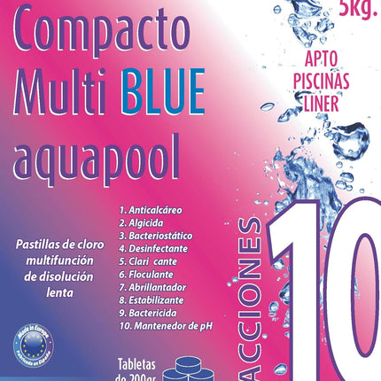 Pastillas de Cloro Multifunción 10 Acciones AQUAPOOL 200 g (5 kg) – Disolución Lenta, Tricloro 88,5%, Apto Piscinas Liner (Sin Cobre)