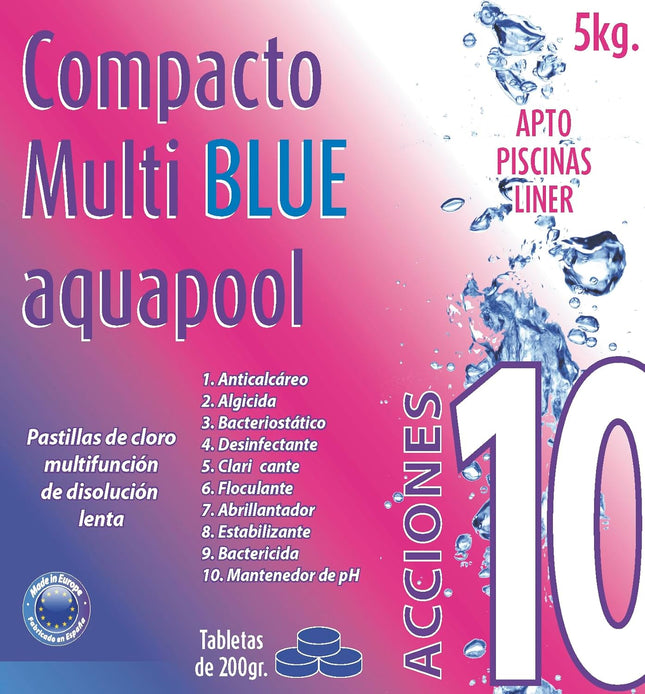 Pastillas de Cloro Multifunción 10 Acciones AQUAPOOL 200 g (5 kg) – Disolución Lenta, Tricloro 88,5%, Apto Piscinas Liner (Sin Cobre)