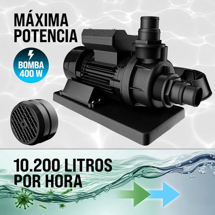 MONZANA Depuradora Filtro de Arena 10.200 L/h 400W – Válvula 7 Vías, Depósito 25 L, Adaptador Ø32/Ø38, Apta Agua Salada, Incluye Bolas Filtrantes