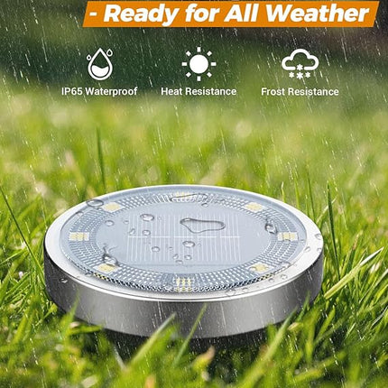 btfarm Luces Solares Suelo Exterior Pack 8 – 8 LEDs Blanco Cálido, IP65, Auto ON/OFF, Discos Solares para Jardín, Camino, Césped y Patio