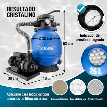 MONZANA Depuradora Filtro de Arena 10.200 L/h 400W – Válvula 7 Vías, Depósito 25 L, Adaptador Ø32/Ø38, Apta Agua Salada, Incluye Bolas Filtrantes