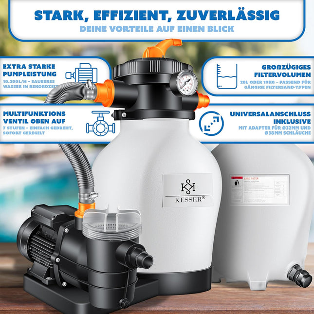 KESSER Sistema de Filtración para Piscina 10.200 L/h (10 m³/h) – Filtro de Arena con 700 g Bolas Filtrantes, Válvula 7 Vías con Manómetro, 400 W, Depósito 19 L