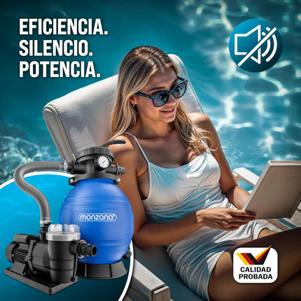 MONZANA Depuradora Filtro de Arena 10.200 L/h 400W – Válvula 7 Vías, Depósito 25 L, Adaptador Ø32/Ø38, Apta Agua Salada, Incluye Bolas Filtrantes