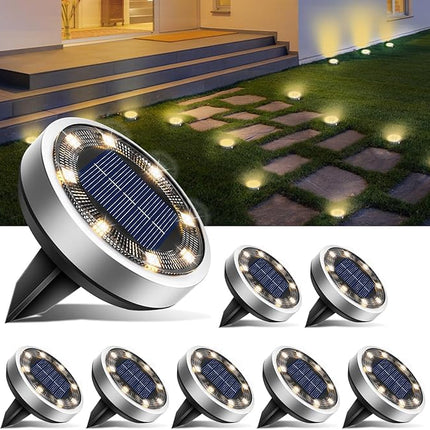 btfarm Luces Solares Suelo Exterior Pack 8 – 8 LEDs Blanco Cálido, IP65, Auto ON/OFF, Discos Solares para Jardín, Camino, Césped y Patio