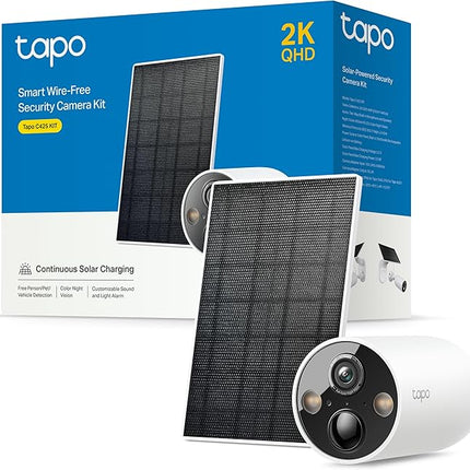 Tapo C425 Kit Cámara Solar WiFi Exterior 2K QHD – 150° Gran Angular, Base Magnética Ajustable, Visión Nocturna a Color, Batería 10000 mAh, IP66, microSD 512GB, Alexa