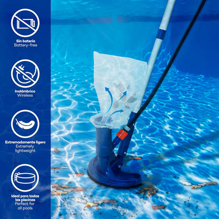 tillvex Kit de Mantenimiento de Piscina Venturi – Aspirador de Fondo con Manguera, Mango Telescópico 54–112 cm, Cepillo y Red Recogehojas