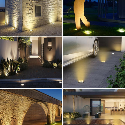 btfarm Luces Solares Suelo Exterior Pack 8 – 8 LEDs Blanco Cálido, IP65, Auto ON/OFF, Discos Solares para Jardín, Camino, Césped y Patio