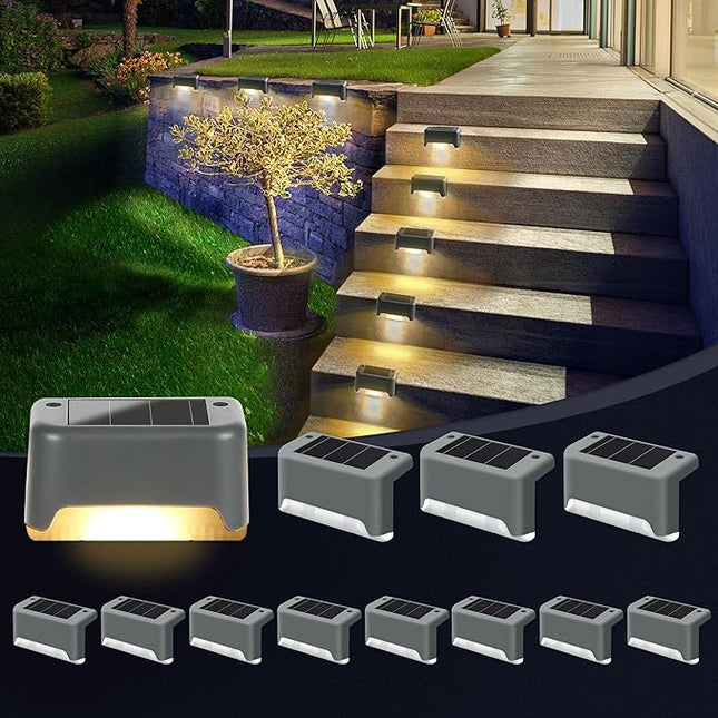GIGALUMI Luces Solares Escaleras Exterior Pack 12 – LED Blanco Cálido, Impermeables, para Escalones, Vallas, Patios y Terrazas (Gris)
