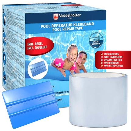 Veddelholzer Kit Reparación Piscina – Cinta Impermeable Transparente 10×150 cm, Uso Bajo el Agua, Incluye Rasqueta (Squeegee)