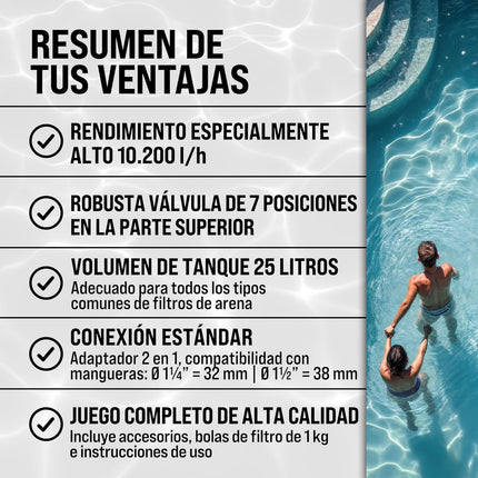 MONZANA Depuradora Filtro de Arena 10.200 L/h 400W – Válvula 7 Vías, Depósito 25 L, Adaptador Ø32/Ø38, Apta Agua Salada, Incluye Bolas Filtrantes