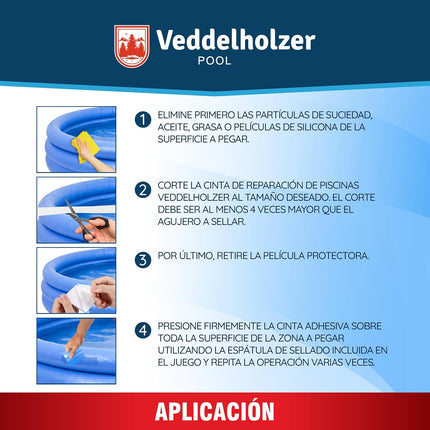 Veddelholzer Kit Reparación Piscina – Cinta Impermeable Transparente 10×150 cm, Uso Bajo el Agua, Incluye Rasqueta (Squeegee)