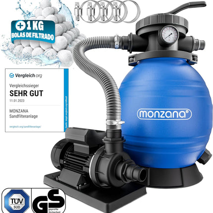 MONZANA Depuradora Filtro de Arena 10.200 L/h 400W – Válvula 7 Vías, Depósito 25 L, Adaptador Ø32/Ø38, Apta Agua Salada, Incluye Bolas Filtrantes