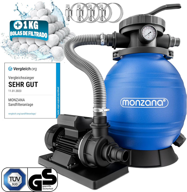 MONZANA Depuradora Filtro de Arena 10.200 L/h 400W – Válvula 7 Vías, Depósito 25 L, Adaptador Ø32/Ø38, Apta Agua Salada, Incluye Bolas Filtrantes