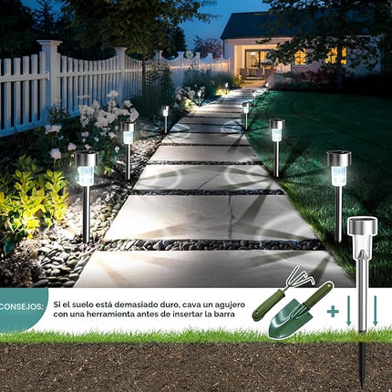 GIGALUMI Luces Solares Jardín Exterior LED – Pack 12 Acero Inoxidable, Blanco Frío, IP44, Auto Encendido/Apagado, Luces para Camino y Sendero